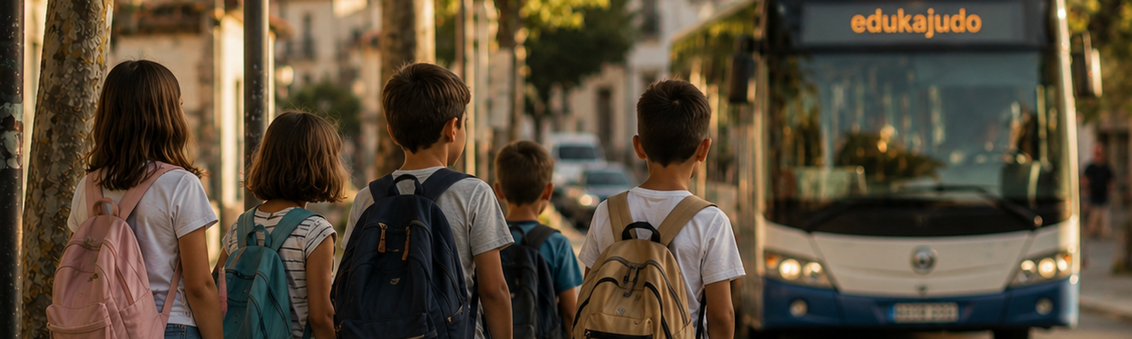 Niños y niñas esperando en una parada de bus urbana del Campus EDUKAJUDO Arteixo