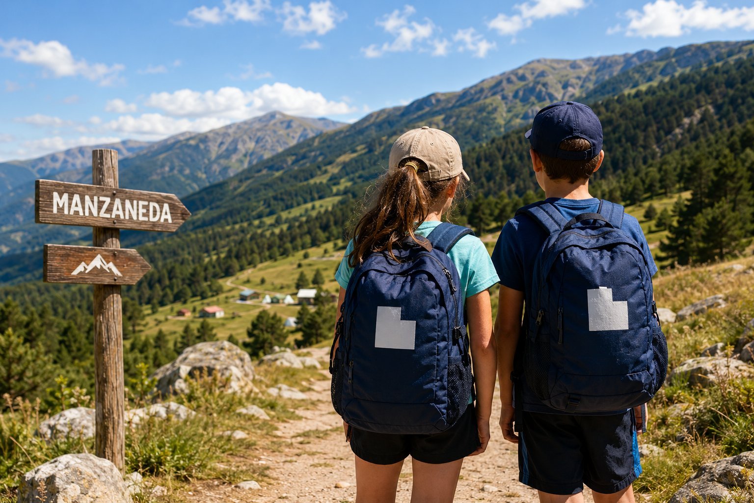 Niño y niña con mochila mirando las montañas de Manzaneda